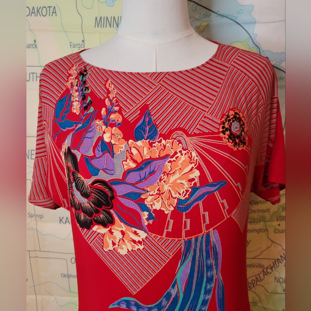 Lizzy & Johnny Silk Dress Red With Floral Asian Print Side Slit Slit Sleeves - Picture 2 of 16